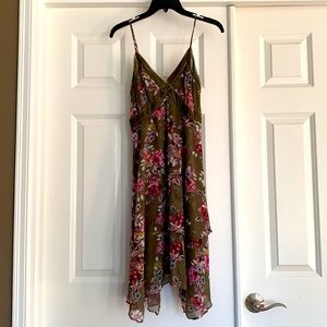 WHBM Sage Green Dress, pink/purple flower detail.